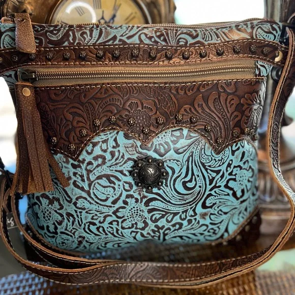 New Myra Crossbody Embossed Leather Boho Western Bag - Picture 1 of 4